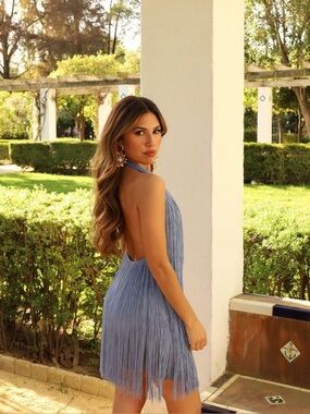 Rare Blogger Fave Zara Periwinkle Blue Fringe Halter Mini Dress Small